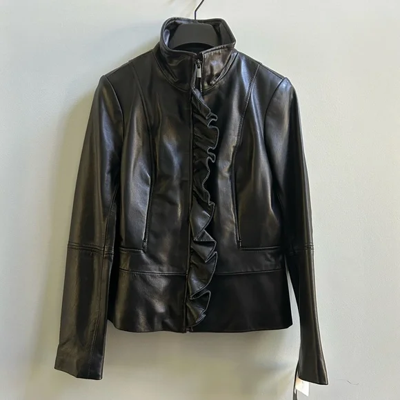 NWT Tahari Perry Women's Black Lamb Leather Ruffled Front Zip Jacket, Size Small - Picture 1 of 9